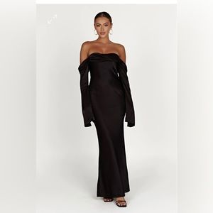 Meshki Giselle Black Satin Off Shoulder Maxi Dress